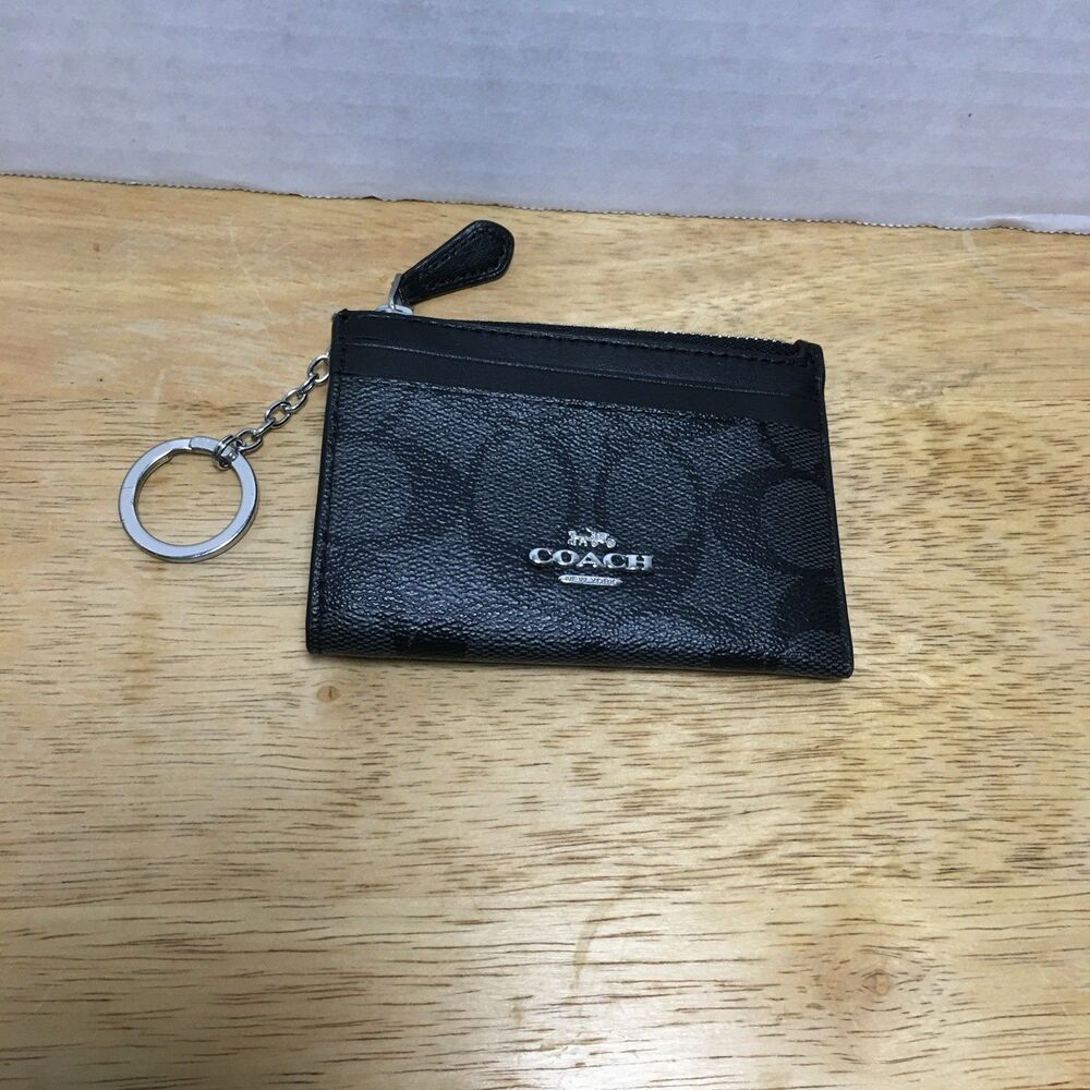 COACH Black Zip Card Wallet Card Case w/ ID Window, Key Ring, Excellent Con Logo